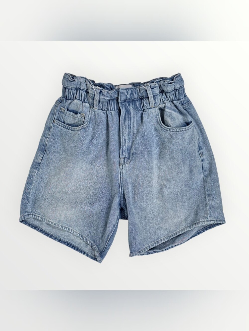 FRAME Meridian Paperbag Denim Shorts S High Rise Elastic Waist Light Wash